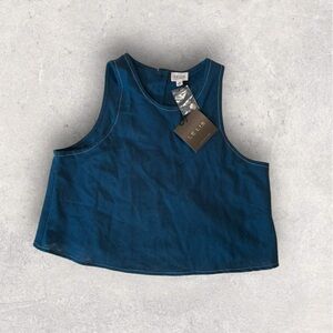 LE LIS deep blue linen sleeveless crop top with lining and 4 button closure back
